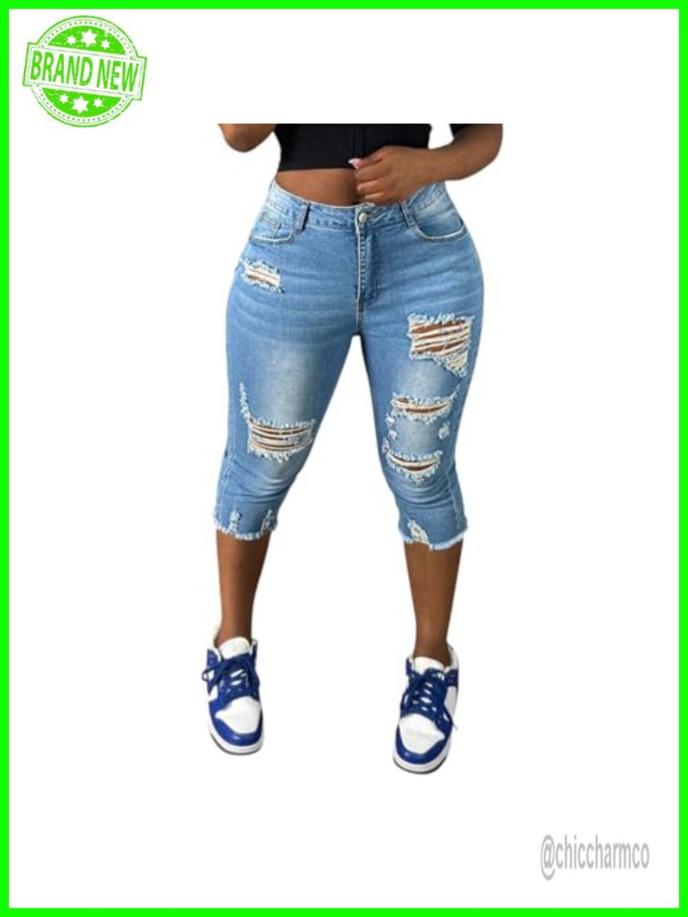 Women's Mid-Rise Distressed Ripped Capri Jeans Stretch Denim Frayed Hem